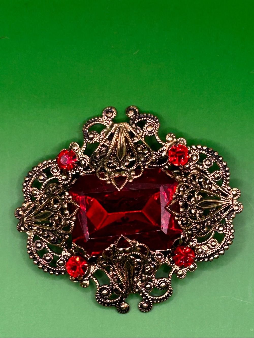 Vintage Red Crystal Filigree Brooch